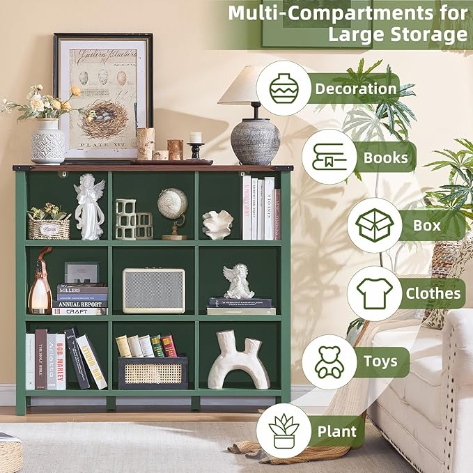 Joaxswe 9 Cube Storage Organizer, Farmhouse 47 Inch Wide Vintage Green Bookshelf - Image 4