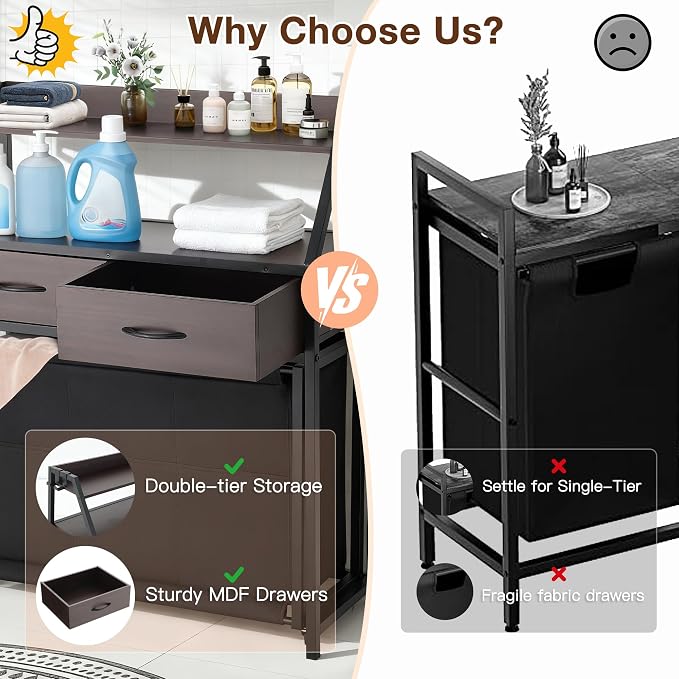 Laundry Hamper with Shelf, 2 Tier Rolling Laundry Hamper 3 section, Laundry - Image 5