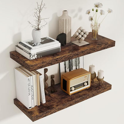 Floating Shelves for Wall, 27.5 Inch Bathroom Shelves Set of 2, Rustic Wood by FunMemories