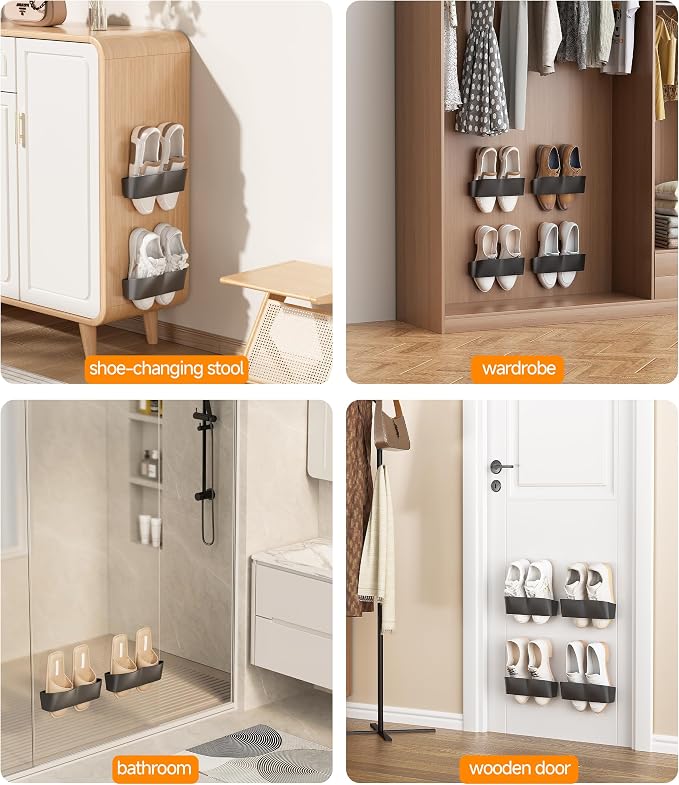 Wall Mounted Shoe Rack, Adhesive & Drill Mount Hanging Shoe Organizer, Plastic - Image 7