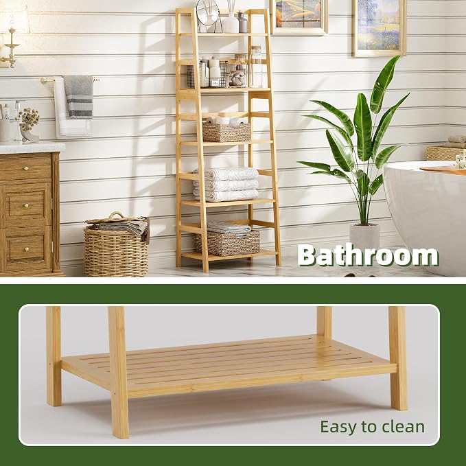 Ladder Shelf, 5-Tier Bookshelf, All Bamboo Heavy Duty Bookcase, Freestanding - Image 7