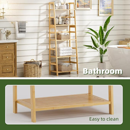 Ladder Shelf, 5-Tier Bookshelf, All Bamboo Heavy Duty Bookcase, Freestanding - Image 7