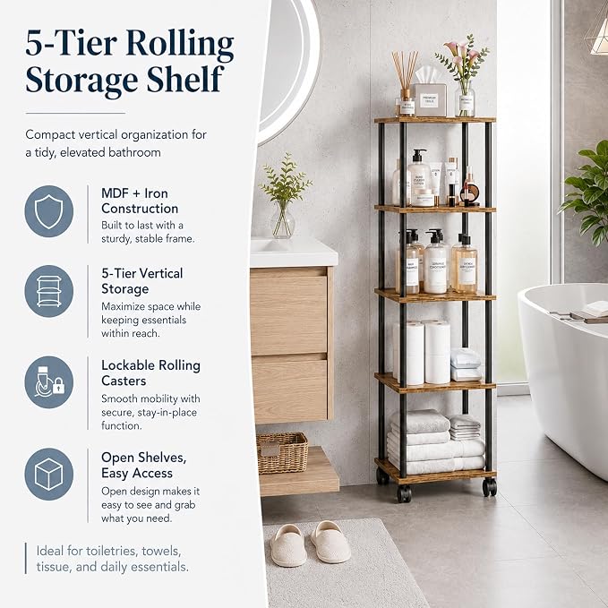 5-Tier 50.4" Tall Rustic Brown Bathroom Shelving Unit - Image 6