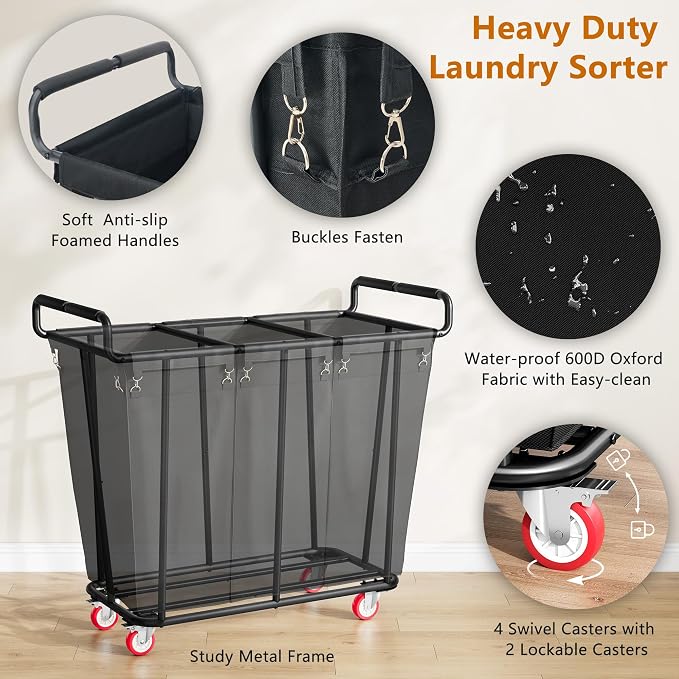 Large laundry hamper with Wheels, 360L 3 Bag Big Rolling Laundry Hamper Sorter - Image 4