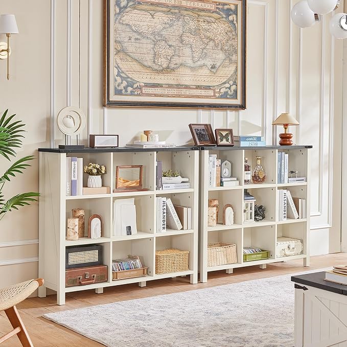 9 Cube Bookcase, Farmhouse 47 Inch Wide White Bookshelf, Wooden 3 Tier Display - Image 5