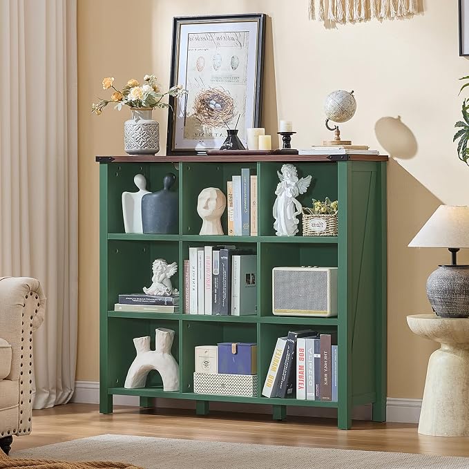Joaxswe 9 Cube Storage Organizer, Farmhouse 47 Inch Wide Vintage Green Bookshelf - Image 5