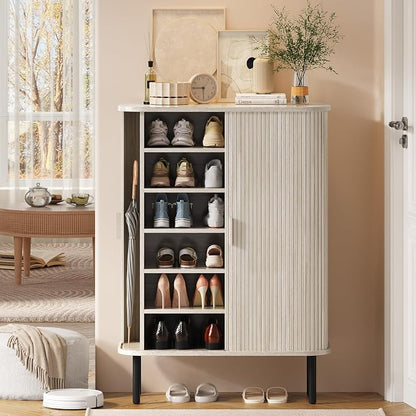 6-Tier Shoe Cabinet with Sliding Door, Wooden Shoe Storage Cabinet with - Image 8