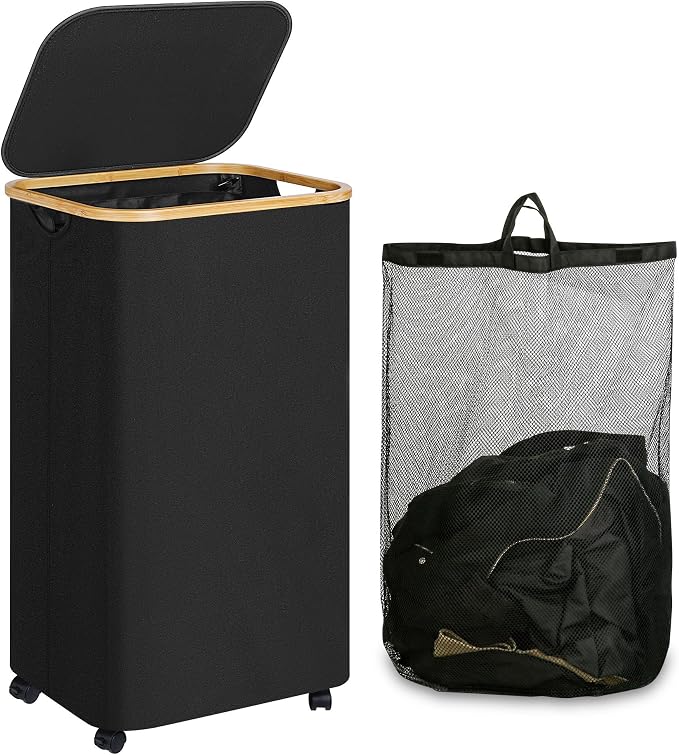 Laundry Basket with Wheels, 110L Black Clothes Hamper by iEGrow