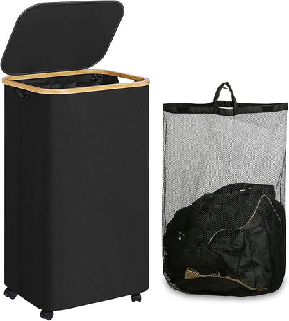 Laundry Basket with Wheels, 110L Black Clothes Hamper by iEGrow