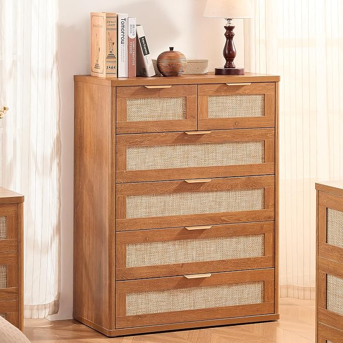 LEYAOYAO Rattan Dresser for Bedroom Set of 2, Modern 6 Drawers Boho Dressers - Image 4