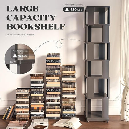 6 Tier Solid Wood Rotating Bookshelf Tower on Wheels, 360° Upgrade Spinning - Image 6
