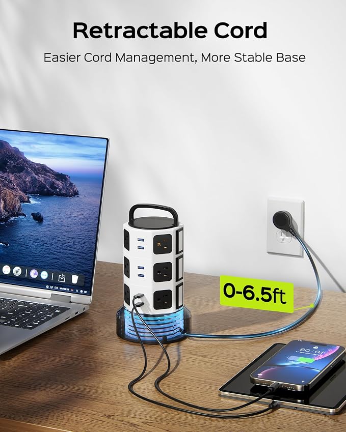 Power Strip Tower Surge Protector, JACKYLED 12 Outlets 6 USB Charging Station - Image 3
