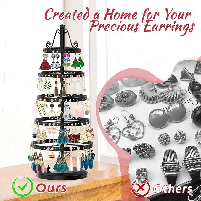 MODOWEY 5 Tiers Metal Rotating Earring Holder Organizer Tree Display, Round | - Image 4
