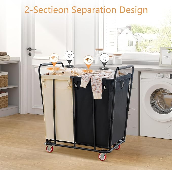 Hoctieon 2 Section Laundry Sorter Cart, 400L Rolling Hamper - Image 5