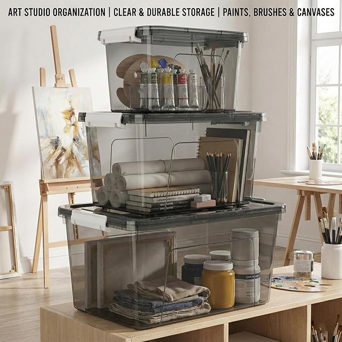 Plastic Storage Bins with Lids, 3 Pack Mixed Sizes Clear Black Stackable - Image 8