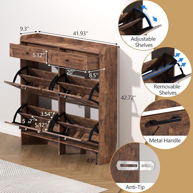 Thacuok Shoe Cabinet with 4 Flip Drawers & 2 Storage Drawers, Rustic Farmhouse - Image 6