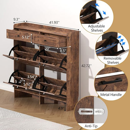 Thacuok Shoe Cabinet with 4 Flip Drawers & 2 Storage Drawers, Rustic Farmhouse - Image 6