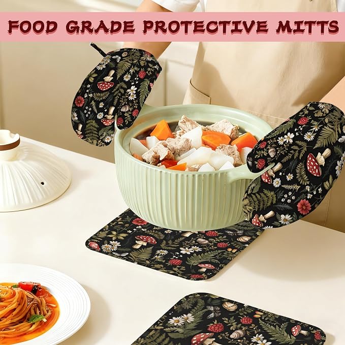 Mushroom Heat-Resistant Silicone Oven Mitts and Pot Holders, Herb Plant Berry - Image 7