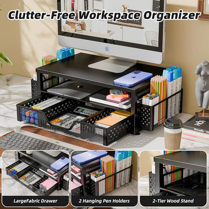Simple Trending 2-Tier Monitor Stand Riser, Drawer & 2 Pen Holders - Image 4
