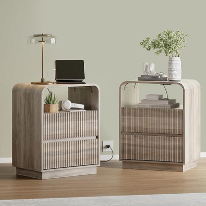 Grey Nightstands Set of 2 with Charging Station, Mid Century Modern End Tables by WODEER
