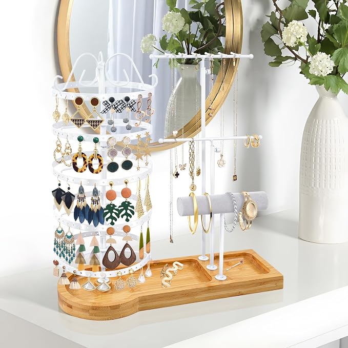 Jewelry Organizer Stand with Bamboo Base, Metal Rotating Earring Holder - Image 2