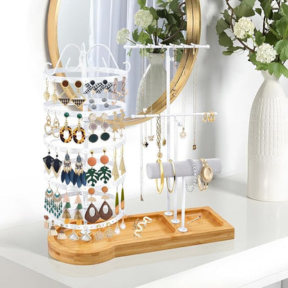 Jewelry Organizer Stand with Bamboo Base, Metal Rotating Earring Holder - Image 2