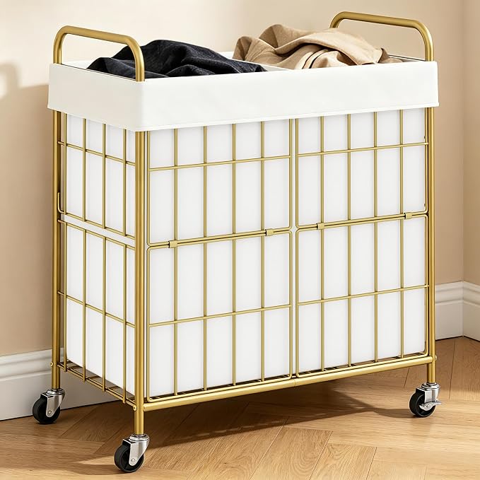 2 Section Laundry Hamper with Wheels and Brake, 100L Laundry Sorter Cart with 2 by Heeytilly
