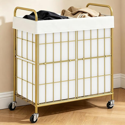 2 Section Laundry Hamper with Wheels and Brake, 100L Laundry Sorter Cart with 2 by Heeytilly