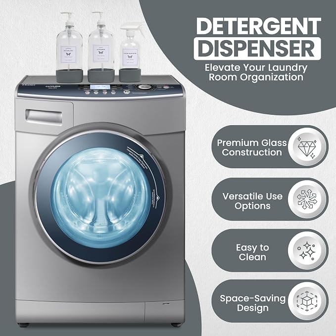 Glass Laundry Dispenser Set w/Silicone Base, 2x 34 oz & 1x 17 oz Pump Dispensers - Image 2