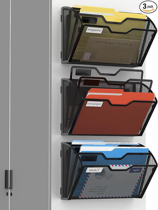 Docnest 3 Pack 3 Tier Dual-Mount Magnetic Mesh File Holders, Wall Organizer | by DocNest