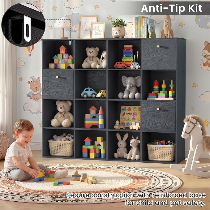 Black Cube Storage Organizer, 16 Open Cubes Bookshelf - Image 7
