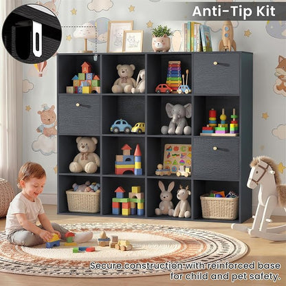 Black Cube Storage Organizer, 16 Open Cubes Bookshelf - Image 7