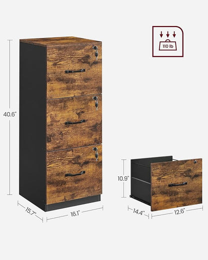VASAGLE 3-Drawer Vertical File Cabinet, Rustic Brown and Black, - Image 3