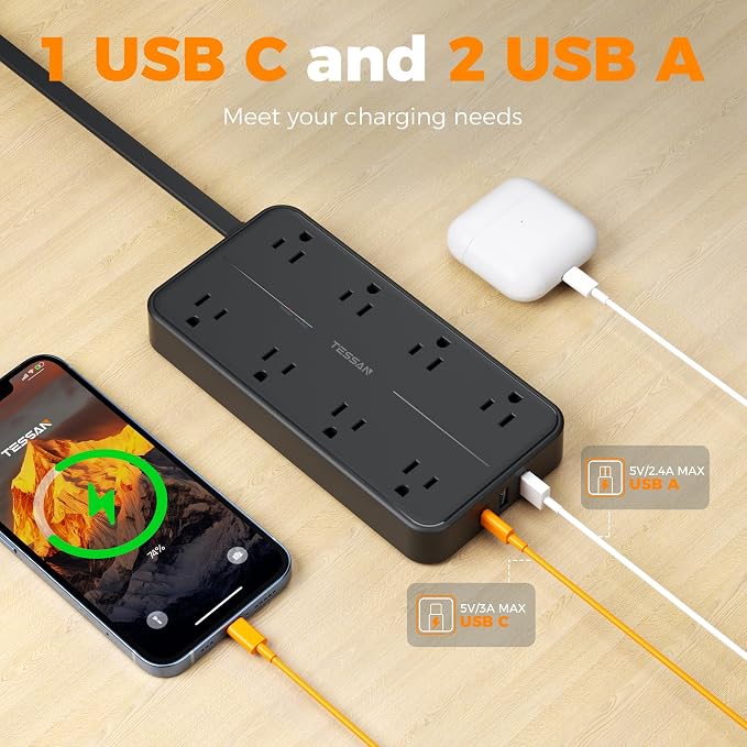 2000J Surge Protector Power Strip, TESSAN 5 FT Extension Cord - Image 4