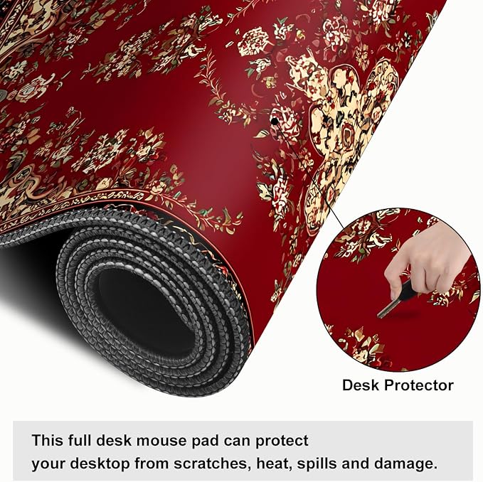 Red Vintage Persian Rug Mouse Pad – Large Extended Desk Mat 31.5 x 11.8 in– - Image 4