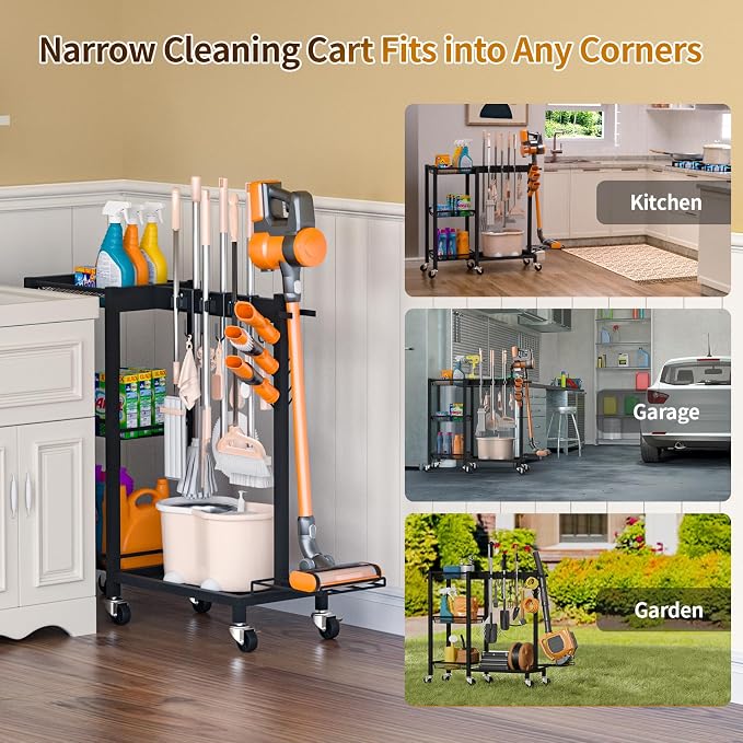 Broom Holder with Cleaning Supplies Organizer Load 350 LBS Cleaning Cart with - Image 8