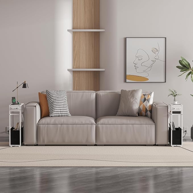 White Side Table with Charging Station, Slim End Tables with Fabric Basket - Image 6