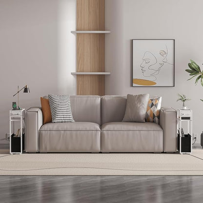 White Side Table with Charging Station, Slim End Tables with Fabric Basket - Image 6