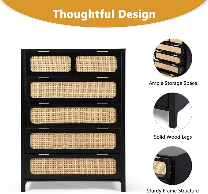 5 Drawer Dresser with Rattan Finish, Modern Farmhouse Chest of Drawers with - Image 7