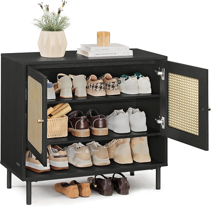 VASAGLE Natural Rattan 3-Tier Shoe Cabinet, 16 Pair Shoe Storage Cabinet by Unknown
