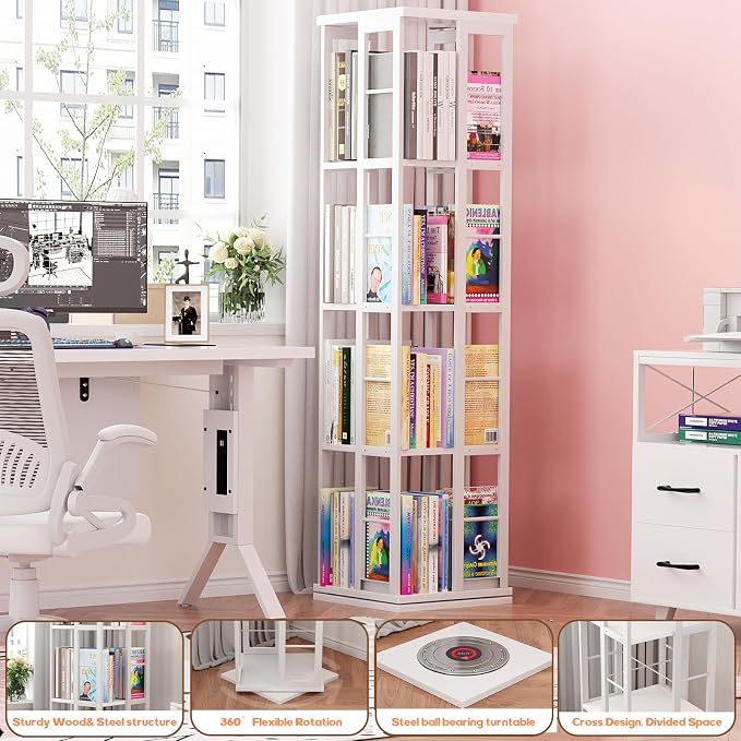 Aheaplus Rotating Bookshelf, 4-Tier Corner Bookshelf, 360 Display Wood Spinning - Image 6