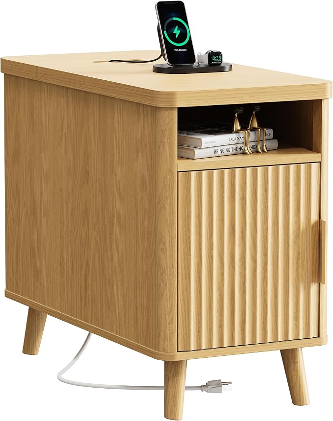 Huuger Narrow End Table with Charging Station, USB-C Port, Fluted Nightstand by Huuger