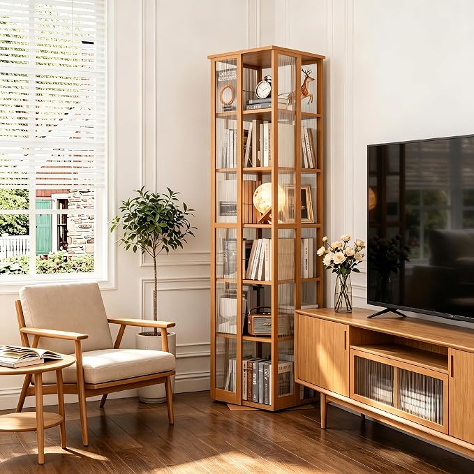 Rotating Bookshelf Tower 6-Tier, Space Saving Spinning Bookcase, Tall Narrow - Image 2