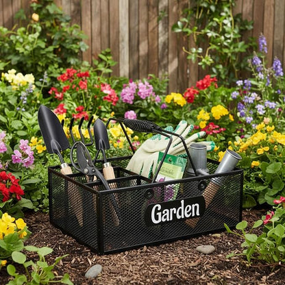 Garden Tool Storage, 4 Compartments Metal Mesh Garden Caddy, Portable Garden - Image 6