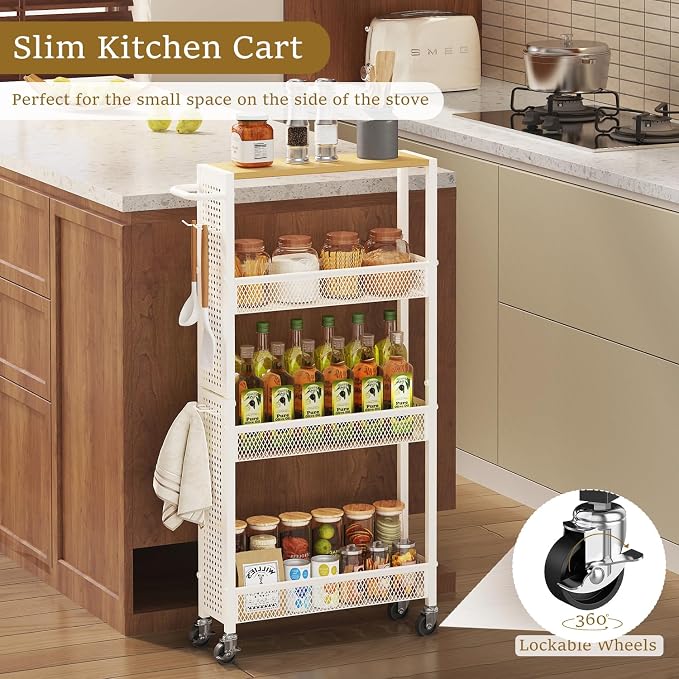 Utility Slim Storage Cart 4 Tier Small Rolling Kitchen Laundry Room - Image 2