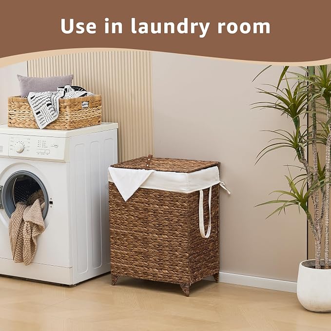 Laundry Hamper with Lid and Removable Liner Bag, Handwoven Natural Hyacinth - Image 3
