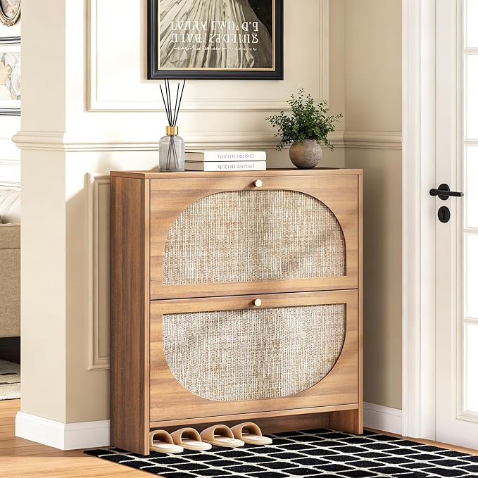 Nicetree Freestanding Ultra Slim Arched Rattan Accent Shoe Storage Cabinet by Nicetree