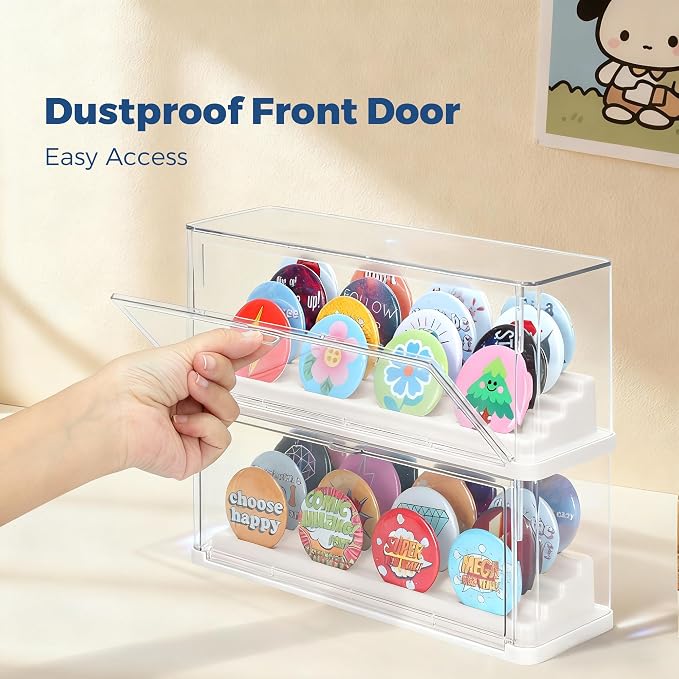 2 Pack Button Pin Display Case – 4-Tier Clear Badge Storage Box, Stackable - Image 4