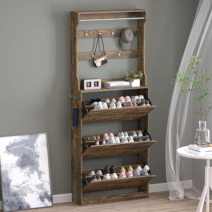 BORNOON Shoe Cabinet with 3 Flip Drawers & Coat Rack, Narrow Hidden Shoe by BORNOON