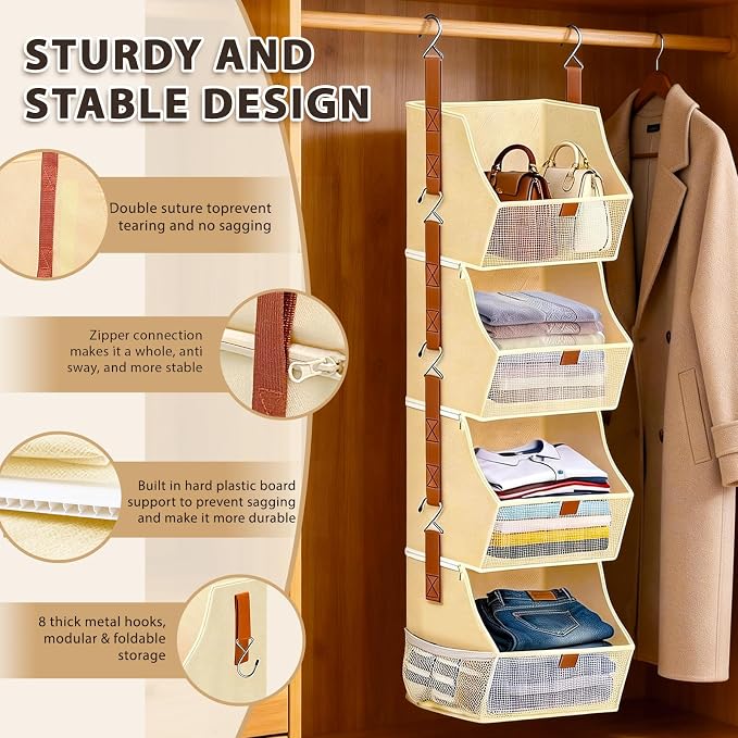 Fabric 4 Tier Hanging Closet Organizers Heavy Duty Shelf Hanging Storage Towel - Image 3